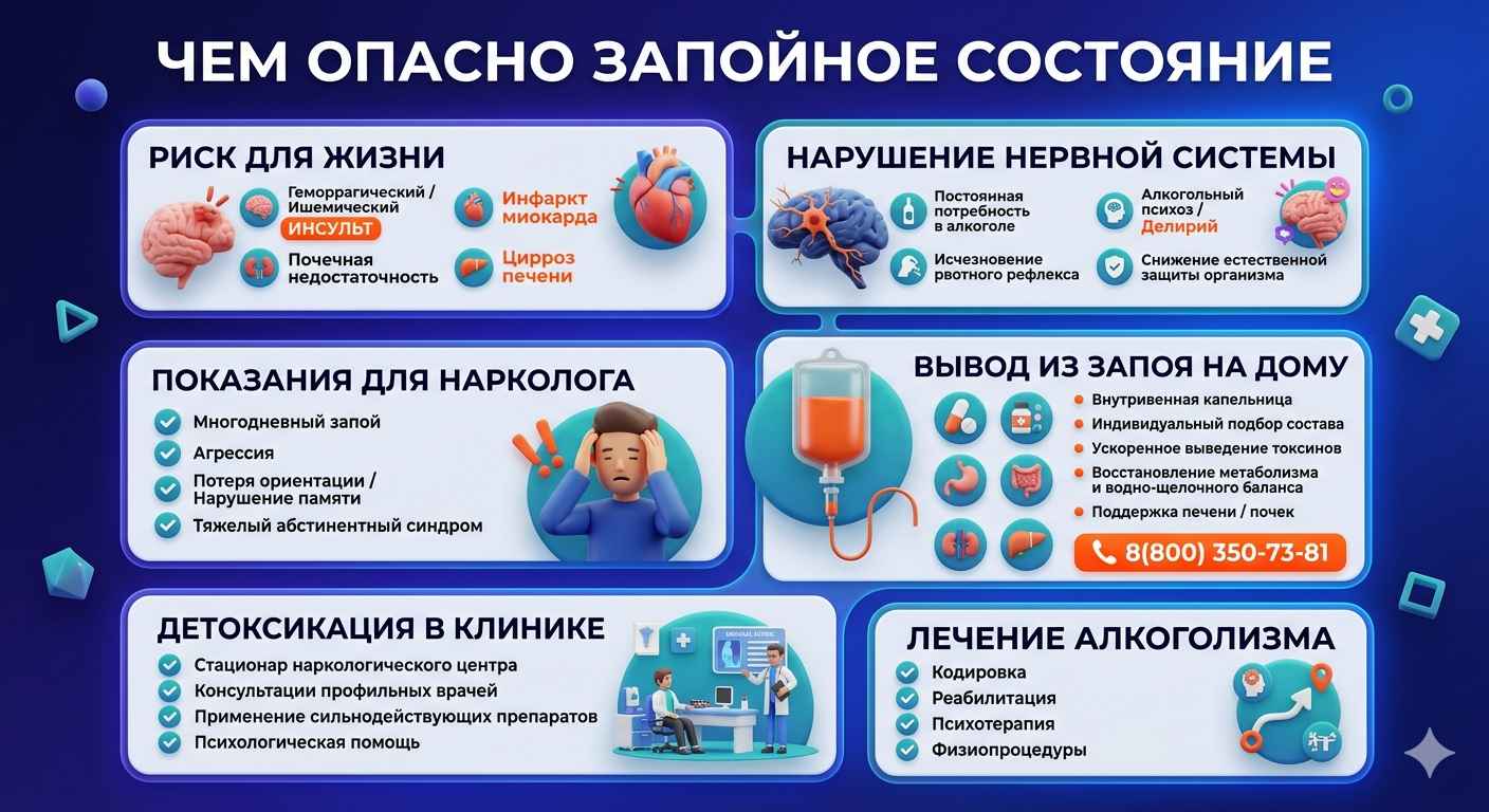 Инфографика о последствиях длительного запоя и методах наркологической помощи. Описаны риски для жизни (инсульт, инфаркт), показания для вызова врача на дом, этапы детоксикации в клинике и состав капельницы.